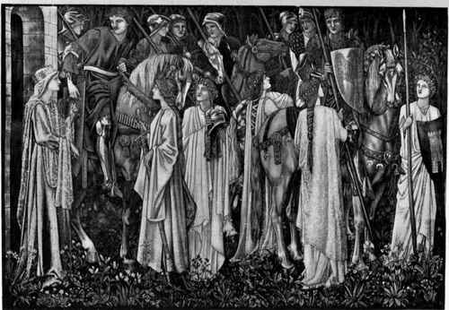 Plate no. 131. The Departure of the Knights, one of the set of 4 Holy Grail tapestries at Stanmore Hall, designed by Burne Jones and Morris and Dearie, and woven at Merton under the personal supervision of the Morris and Dearie.