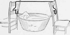 A Clothes Basket Supported with a Rod between Two Chairs Makes a Good Cradle