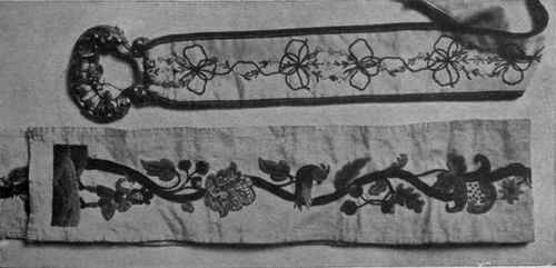 Bell ropes in ribbon work of Louis XV. period and Jacobean crewel work on stout linen