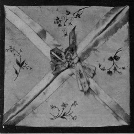 A dainty handkerchief case made from a silk handkerchief, lined with silk of a pale shade. The sprays of flowers can be painted or embroidered