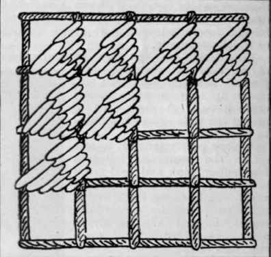 Diagram 3. Surface stitches. Open squares into each of which a weaving stitch is taken across diagonally