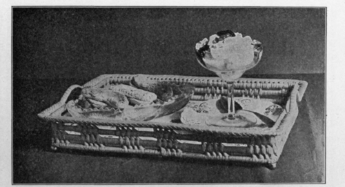 One of the Newest Serving Trays. With Dresden China Bottom and Wicker Sides it is Most Attractive and Useful. A recipe for Ginger Mousse will be found on Page 363.