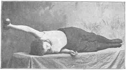 Exercise No 1. Reclining on right side and raising left arm, with dumb bell in hand and elbow rigid, from hips to high over head Same exercise with right arm while reclining on left side. Inhale deep breath as arm goes back.