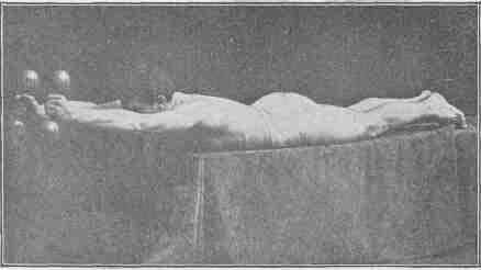 Exercise No 15. Reclining on stomach, grasping dumb bells in hand, raising arms from hanging position to position illustrated