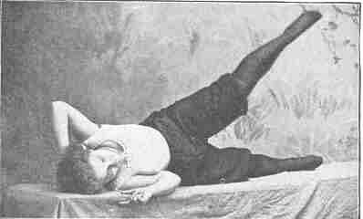 Exercise No 2. Reclining on right side and raising left leg as high as possible and the same exercise taken with right leg while reclining on left side.