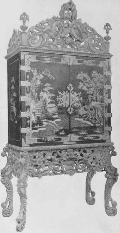 Cabinet Of English Black Lacquer On Carved Gilt Stand.
