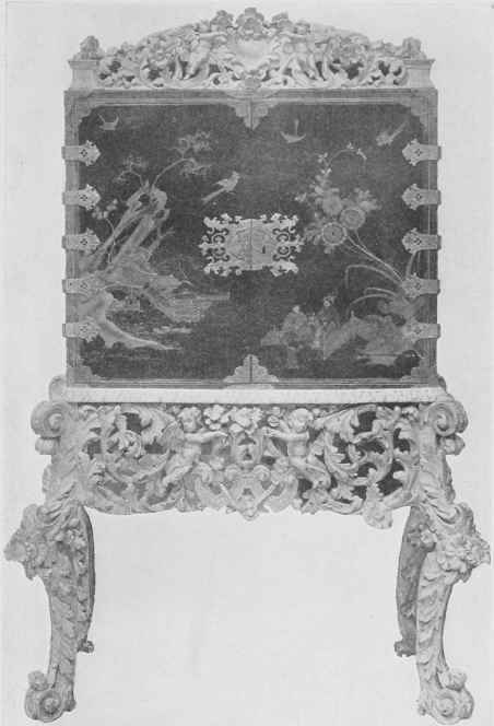 Cabinet Of English Black Lacquer On Carved Gilt Stand.