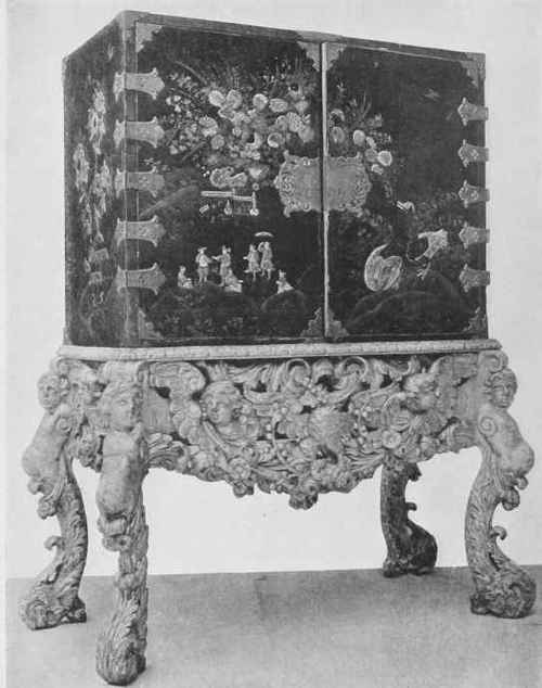 Cabinet Of English Lacquer On Carved And Silvered Stand.