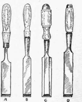 Fig. 38.   Chisels. A, tanged firmer chisel; B, socket chisel; C, beveled edge chisel; D, mortise, or framing chisel.