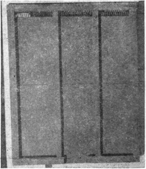 Right, special bottom board that may be used with the nucleus box. One entrance is cut through cleat, other two are auger holes in sides of box. Note coiled spring used instead of excluder. Strips of queen excluding wires or zinc may be used.