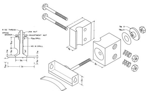 Structural details of the ventral hook mounting with horizontal section through the principal axis. Dimensions are in inches.