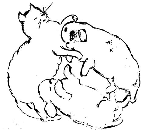 Bird's eye View of Kitten and Puppies asleep on a Cushion