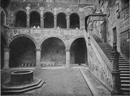 COURTYARD AND STAIRCASE IN THE BARGELLO, FLORENCE, ITALY A Strong and Picturesque Treatment of a Courtyard.