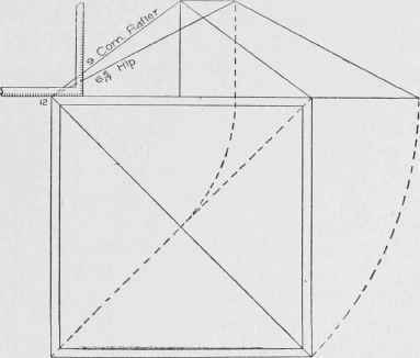 Fig. 13. Method of Finding Relative Height of Hip or Valley per Foot of Run to that of Common Rafter.