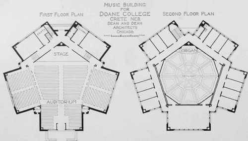 FIRST AND SECOND FLOOR PLANS OF MUSIC BUILDING FOR DOANE COLLEGE, CRETE, NEB.