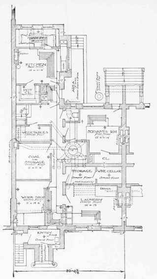 FIRST, SECOND, AND BASEMENT FLOOR PLANS OF DOUBLE HOUSE FOR J. J. GLESSNER, ESQ., CHICAGO, ILL.