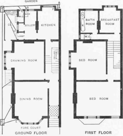 Fig. 698.   Corrected Sanitary Arrangements of a Suburban Villa.