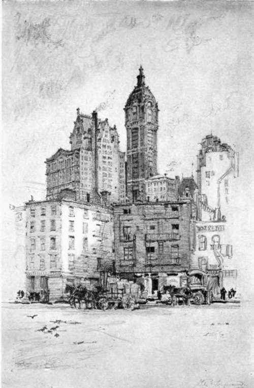 Pencil Sketch By Otto F. Lancmann. A Bit Of Lower New York From West Street.