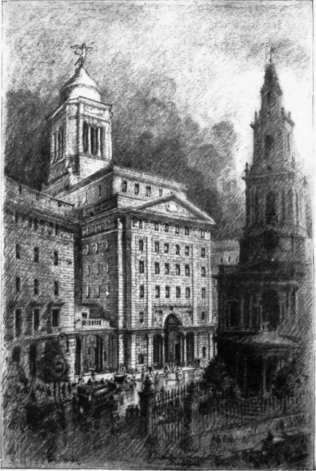 Rendering by Hugh Ferriss. Bush House, London, England.