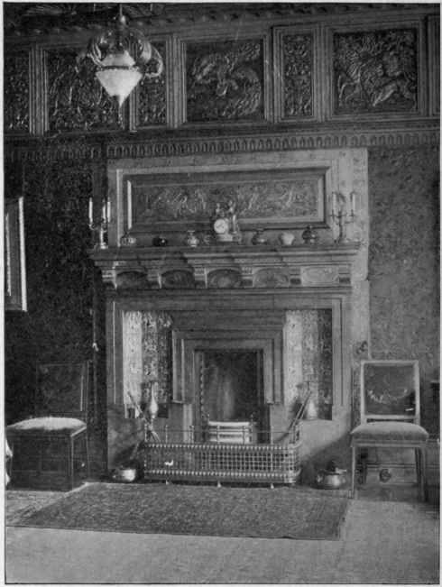 Frieze and Panel over Fireplace and subsidiary work on the Woodwork of the Fireplace, Designed by Walter Crane. The Fire place
