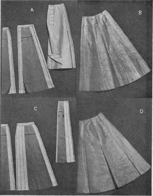 FIG. 67.   Method of designing skirts with plaits or tucks at seams, using gored patterns; A, designing plait at each seam, and inverted plait at center back; B, completed design; C, designing inverted plait at each seam; D, completed design.