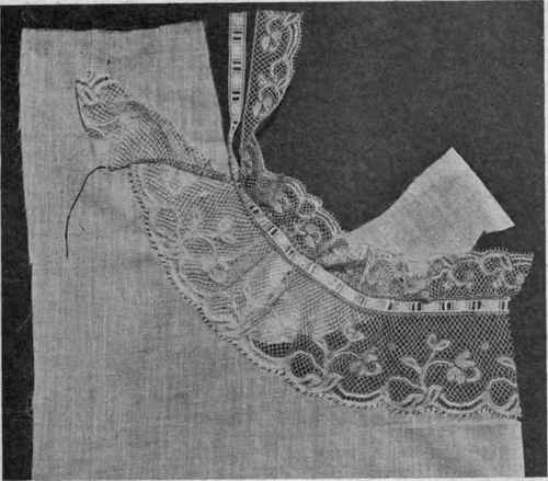 Fig. 1 55.   Lower edge of lace edging hemmed to material; raw edge of material whipped to lace; lace gathered to fit at top; beading overhanded to lace, and narrow lace edging to beading.