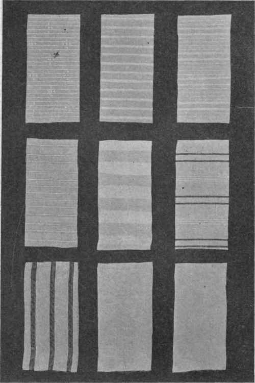 Fig. 11.   Two upper rows, striped madras shirtings. Lower row, striped and plain habutai silk, and silk broadcloth shirtings.