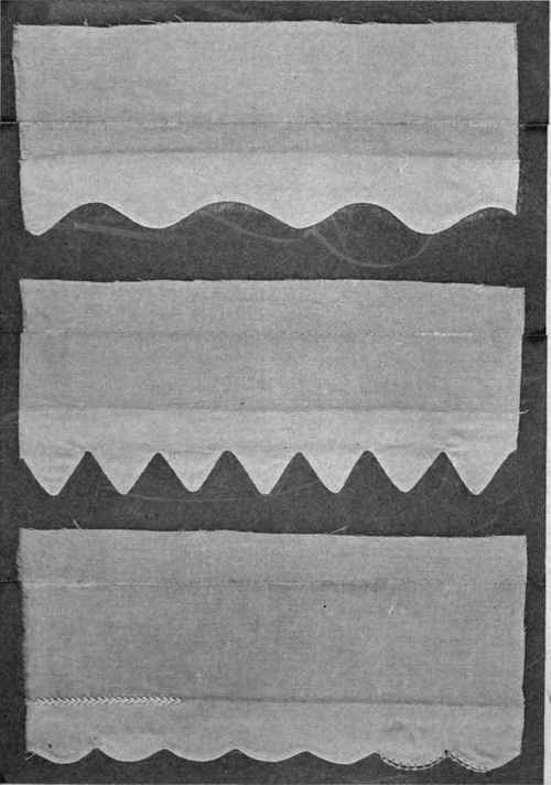 Fig. 127.   Facings with shaped edges, hemmed, stitched, or feather stitched.