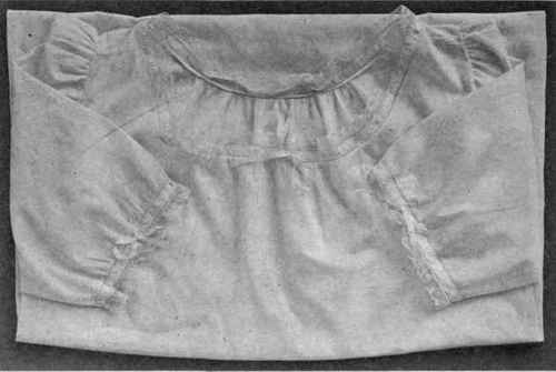 Fig. 169.   Night dress of nainsook, with simple decoration of embroidered beading and lace edging. (Sleeves gathered at armhole and lower edge.)