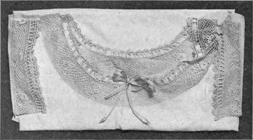Fig. 171.   Kimono night dress of nainsook, with Irish lace edge, showing join of lace on left shoulder.