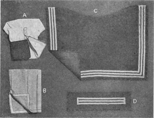 Fig. 176.   Middy collar, cuff and box plaited sleeve; A, detail of cuff placing; B, finish at wrist of a box plaited sleeve; C, D, braiding on collar and cuff.
