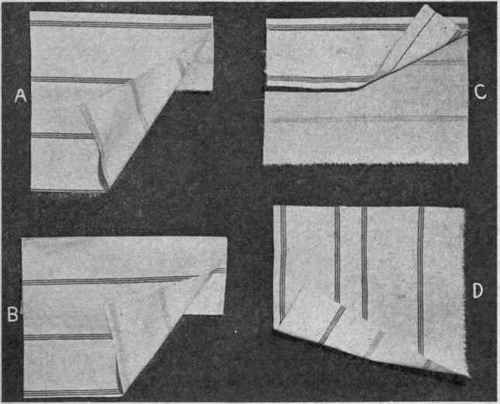 Fig. 182.   Method of laying a box plait; A, first fold; B, second fold; C, plait folded and stitched; D, plait opened out.