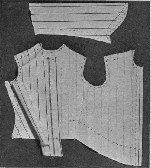 Fig. 184.   Shirtwaist and sleeve basted for fitting.