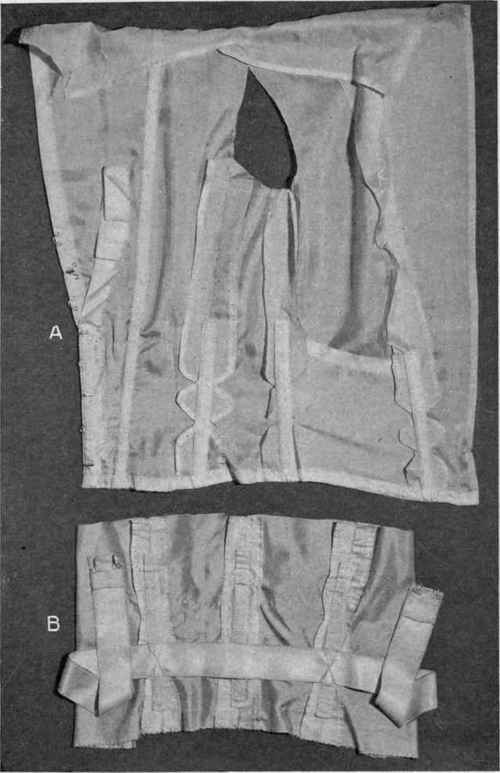 Fig. 221.   Fitted waist lining, seam finished, boning and hooks and eyes; A, waist with several seam finishings, featherbone; B, waist with whalebone and inside belt.