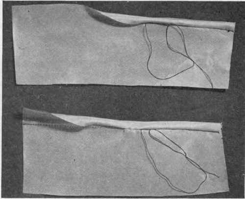 Fig. 226.   A, hem turned to right side of bias material; B, bias binding to finish lower edge of bias slip.