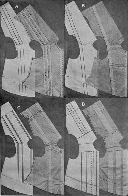 Fig. 69.   Method of designing waists from flat pattern; A, tucked or plaited waist; B waist with Gibson plait; C, box plaits and tucks D, box plaits with yoke.