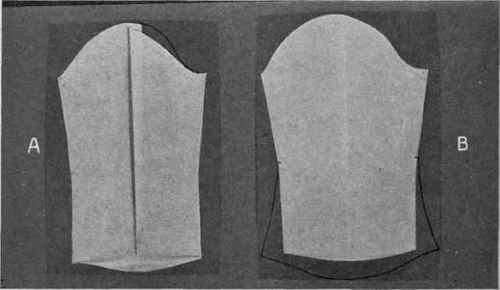 Fig. 71.   Bishop sleeve B, and sleeve without fulness at top A, designed from shirtwaist sleeve pattern.