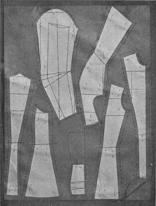Fig. 76.   Drafted pattern placed on material for cutting out, showing marks for seam allowance.