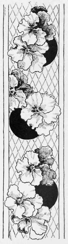 Decorative Border of Pansies (semi conventional). Pen Drawing by E. M. Hallowell.