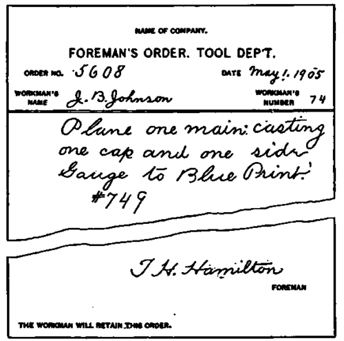 Foreman's Order, size, 4 x 6 in. Color, Light Blue.