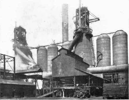 Fig. 7.   Blast Furnaces and their Hot Blast Stoves.