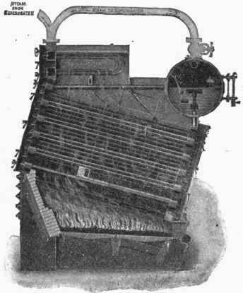 Fig. 159.   Marine Boiler. The tubes are of small diameter and shorter than in land type. Oil may be burned in this boiler. In this boiler the entire surface is composed of fire brick.