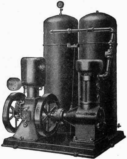 Fig. 176.   Gas Engine with an Air Compressing Outfit. Used for compressing air in a garage. The two large tanks or receivers in the rear are for storing the compressed air. A gauge is on top of the tank to indicate the pressure in the tank.