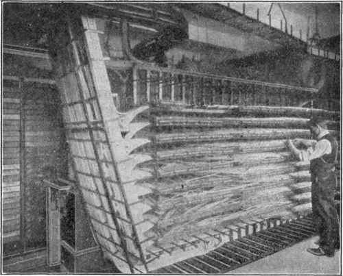 Fig. 96.   Intermediate Distributing Frame. Showing subscribers' lines spread on racks. From the racks the lines run to the switchboard.
