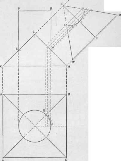 Fig. 333.   Pattern for a Pyramidal Flange to Fit Against a Round Pipe.