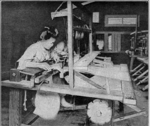 Fig. 81.   Silk weaving on a hand loom in Japan.