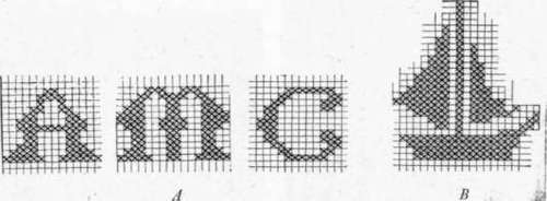 Fig. 86.   Cross stitch designs can be easily made on squared paper. A, initial for towel; B, design for repetition on table cover or scarf.