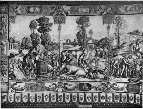 Plate 219. March, April, May. Italian Renaissance tapestry in the Florence tapestry Museum, designed by Bachiacca and woven by Nicolas Karcher.