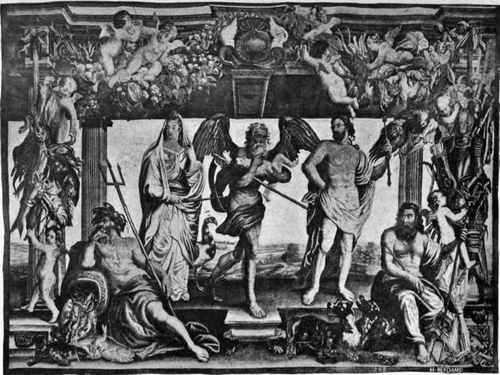 Plate no. 335. The Four Elements and Time, a XVII century tapestry in the Royal Swedish Collection designed by Jan Van Den Hoecke and woven by H.