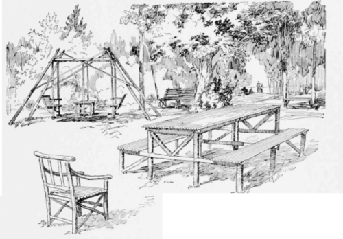All Furniture, Together with the Large Lawn Swings, Took on the General Appearance of the Woodland, and As the Pieces were Made Up of the Same Material As the Houses, the Cost Was Only the Labor and a Few Nails